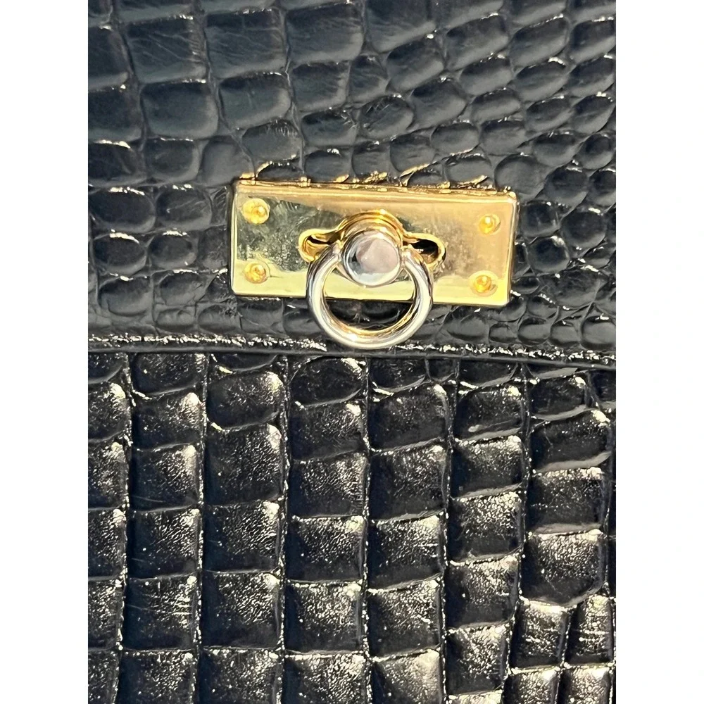 Reem Medium Top Handle Bag Black Croc Embossed Leather Vintage Gold Hardware USA